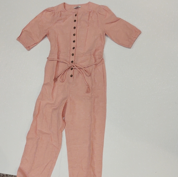 Madewell NWOT Linen-Blend Puff-Sleeve Tassel-Tie Jumpsuit - Picture 3 of 6